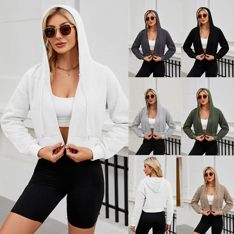 

2025 New Women's Autumn Winter Sweatshirt Zip Up Hoodie Drawstring Solid Color Crop Long Sleeve