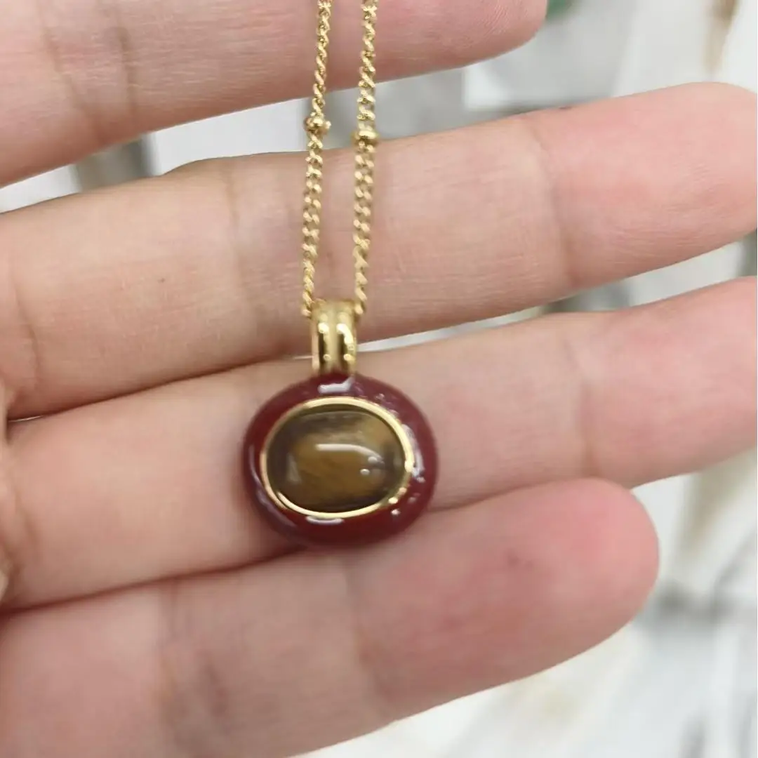 Emaille Glasierte Tigerauge Stein Geometrische Anhänger Titan Stahl Frauen Licht Luxus High-end-Mode Halsketten Edlen Schmuck – Detail 4