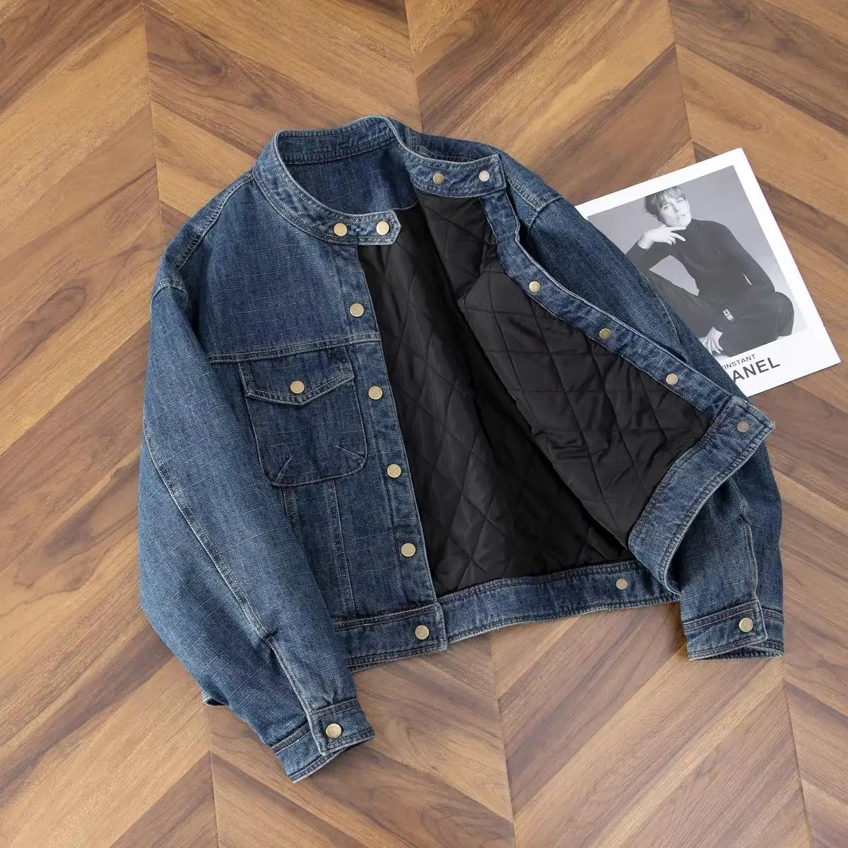 

Женская джинсовая хлопковая куртка, зимний дизайн, воротник-стойка, корейская крутая мотоциклетная верхняя одежда для девочек, свободные короткие джинсовые пальто