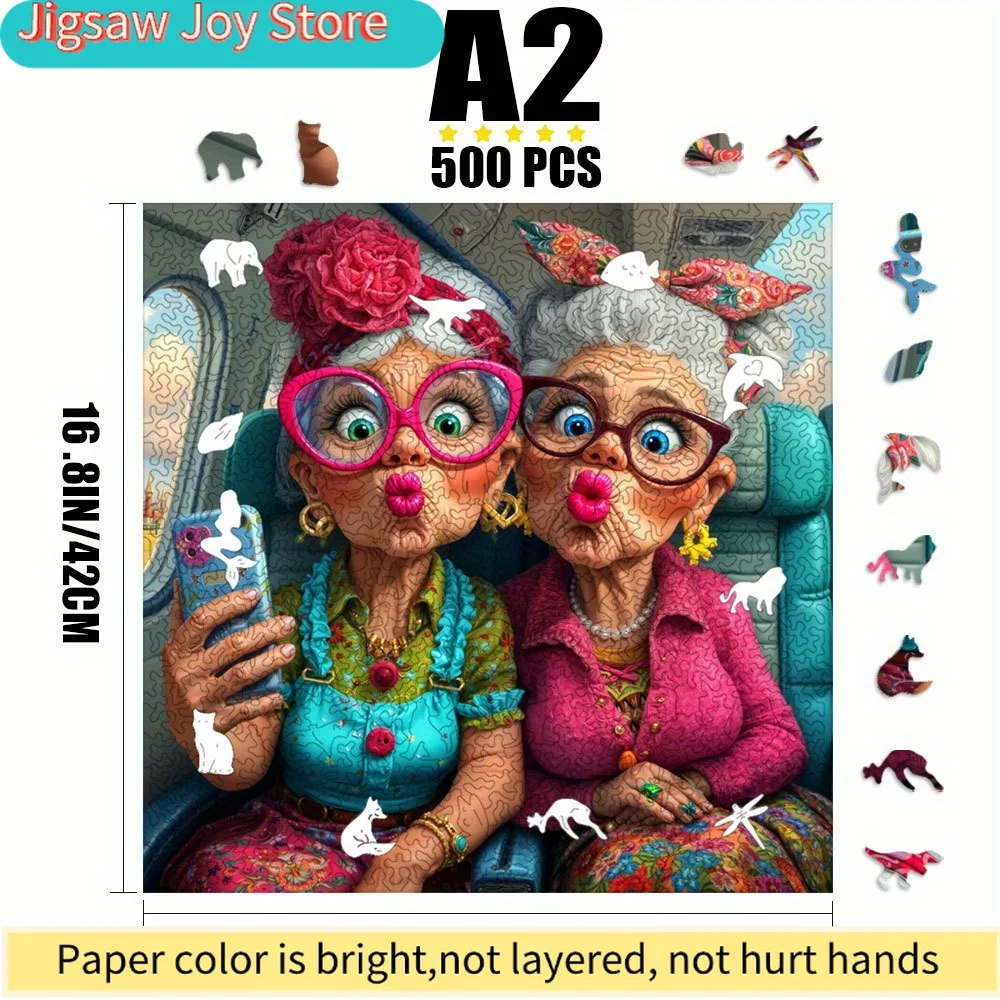 500pcs A2 Large Size 42x42cm Irregular Puzzle - Whimsical Grandma & Grandpa Airplane Photo
