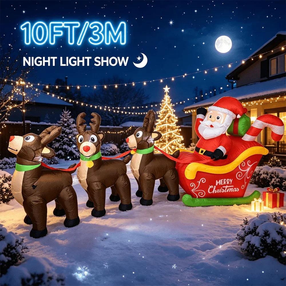 10FT/3M Santa Sleigh 3 Reindeers Inflatable Model Toy Build-in LED Light Blow Up Outdoor Christmas Yard Ornament
