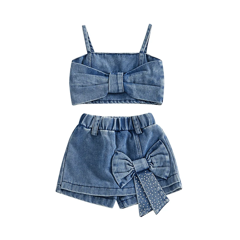 Pudcoco 6M-5T Infant Kids Baby Girls 2Pcs Denim Clothes Set Sleeveless Crops Bow Tops Shorts Culottes Fashion Summer Outfits