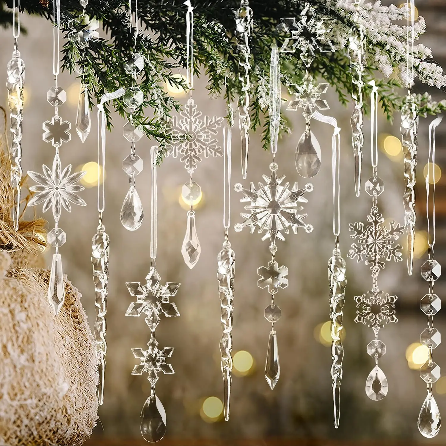Clear Acrylic Christmas Icicle Snowflake Ornaments,Winter Wonderland Tree Decorations,Christmas Tree Window Mantel Hanging Decor