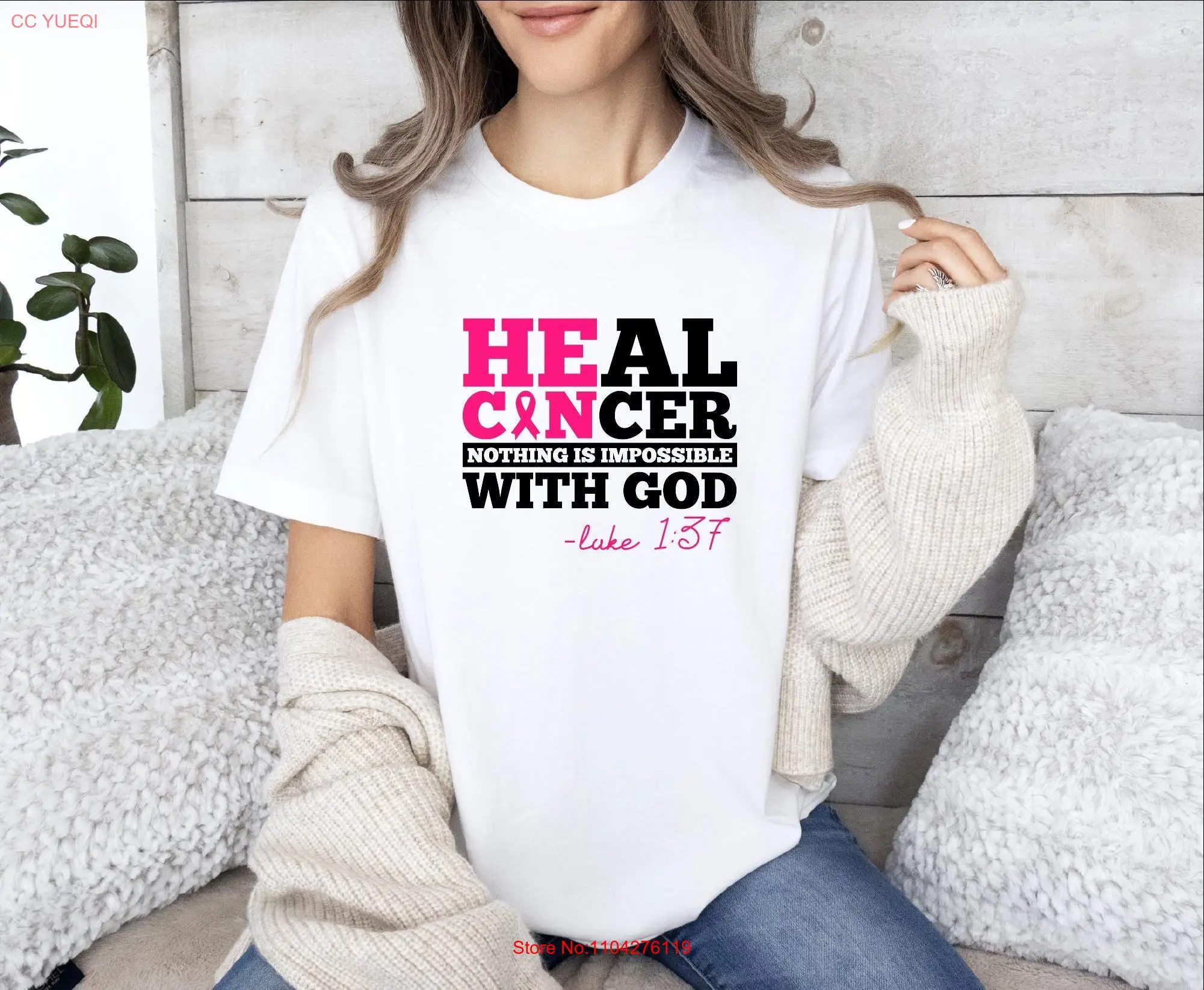 Heal Cancer T Shirt Supp Family Support Awareness Ribbon Breast Survivor long or short sleeves