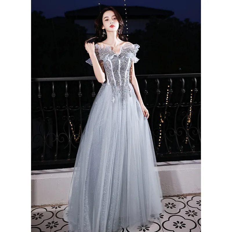 N1160 الفتيات النساء فساتين السهرة الطويلة الملابس الحلو الذاكرة مثير قبالة الكتف فستان رمادي الذاكرة الحلوة فستان رسمي أنيق