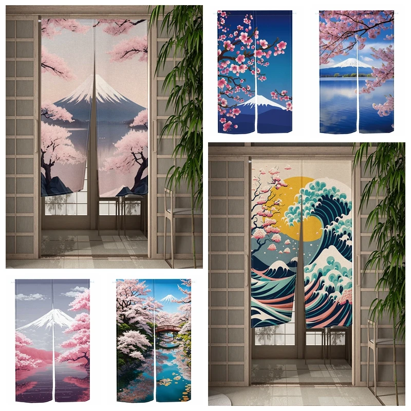 Japanese Cherry Blossom Door Curtains Mount Wave Landscape Velcro Doorway Curtain Bedroom Kitchen Entrance Hanging Half curtains