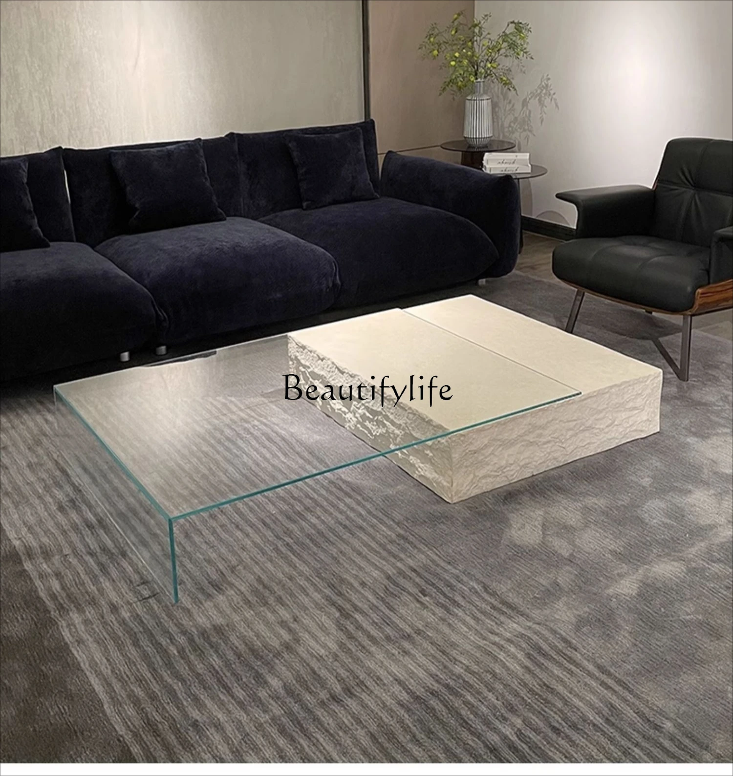 

Italian minimalist telescopic glass coffee table light luxury designer rectangular creative travertine