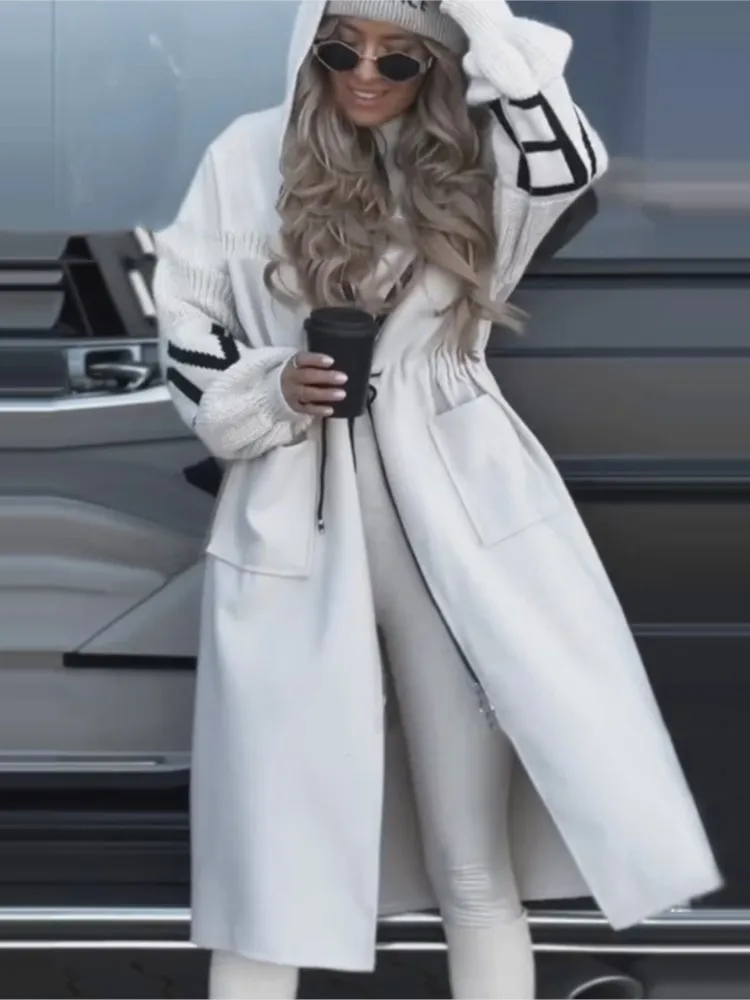

Fashion Hooded Long Sleeve Splicing Jacket For Women Elegant Autumn Winter Loose Casual Long Holiday Coats Female