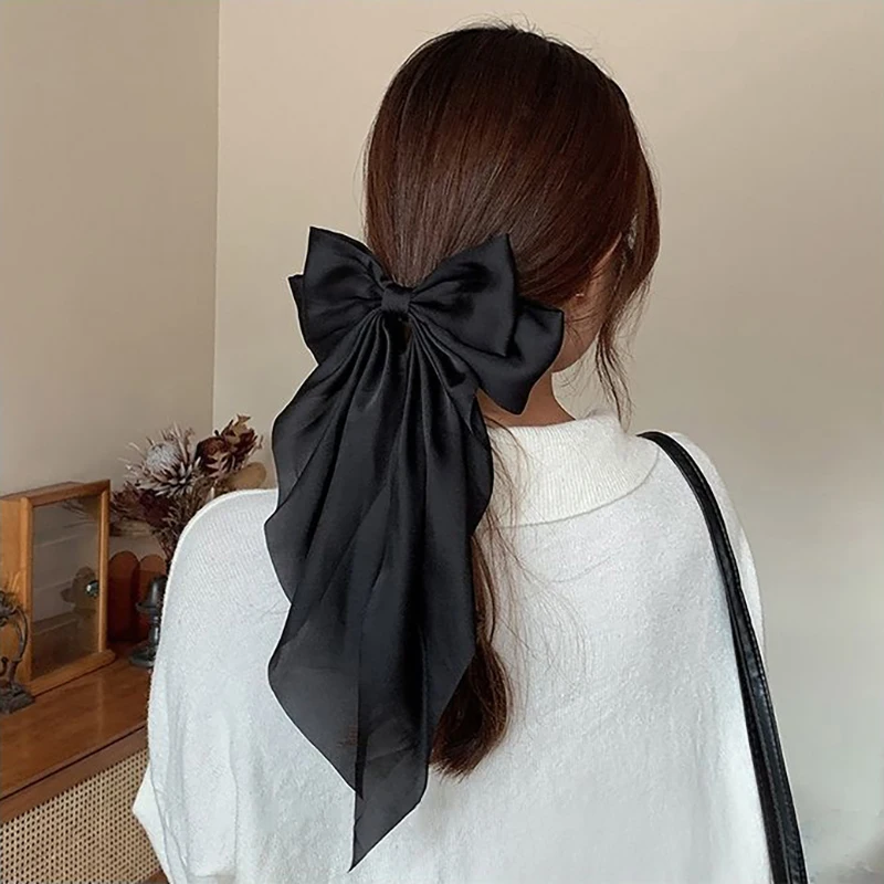 Fashion Satin Bow Hair Clips Solid Color Ribbon Bowknot Hairpins For Women Girls Large Size Barrettes Elegant Hair Accessories