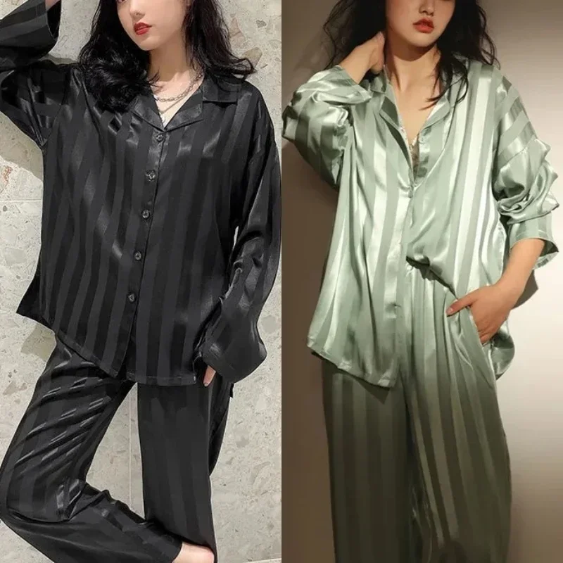 Plus Size Women Pajamas Fashion Stripes Simple Casual Temperament Sweet Loungewear Solid Color Cardigan Girl Sleepwear Homewear
