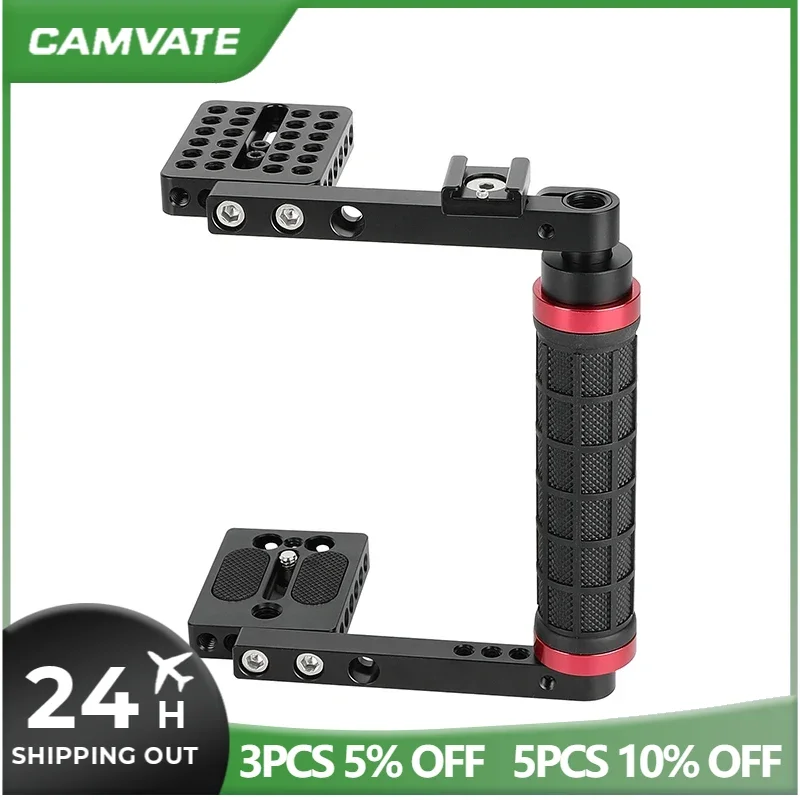 CAMVATE Height-Adjustable Camera Cage With Rubber Side 15mm Rod Handgrip & Cold Shoe Mount for Large DSLRs & Mirrorless Cameras