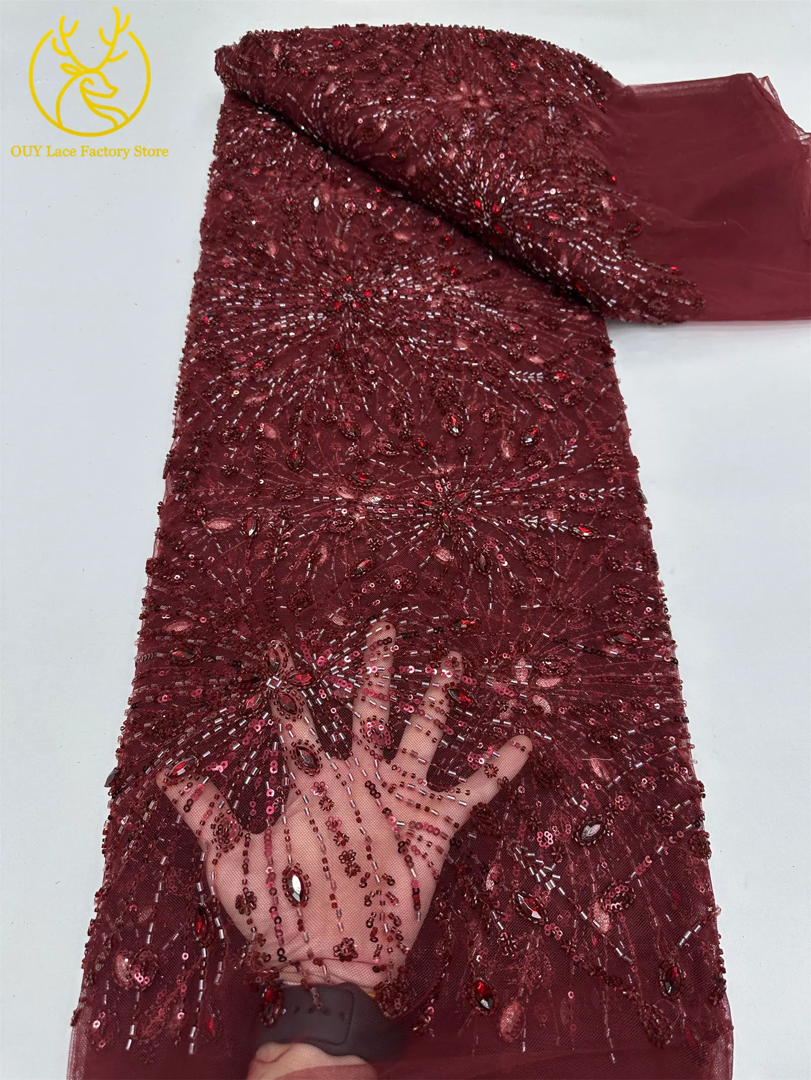 Goldene französische Edelstein-Perlenstickerei-Spitze, hochwertige nigerianische Mesh-Pailletten-Tüllspitze, afrikanischer Spitzenstoff für Damenkleider – Detail 16