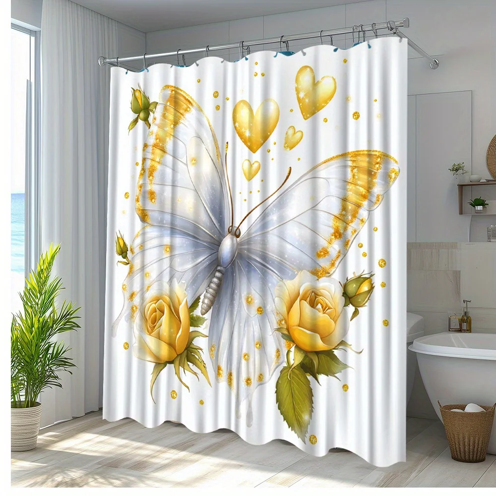 

1 шт. Занавеска для душа «Бабочка» с желтыми розами и сердечками — полиэфирная ткань премиум-класса, можно стирать в машине, 70,8x70,8 дюймов,