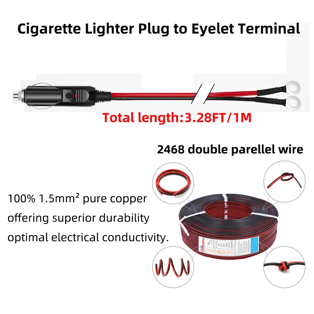 Male Plug Lighter Adapter Cord with Eyelet Terminal Cigarette Lighter Plug Power Supply Extension Cable for Car Inverter 12V 24V