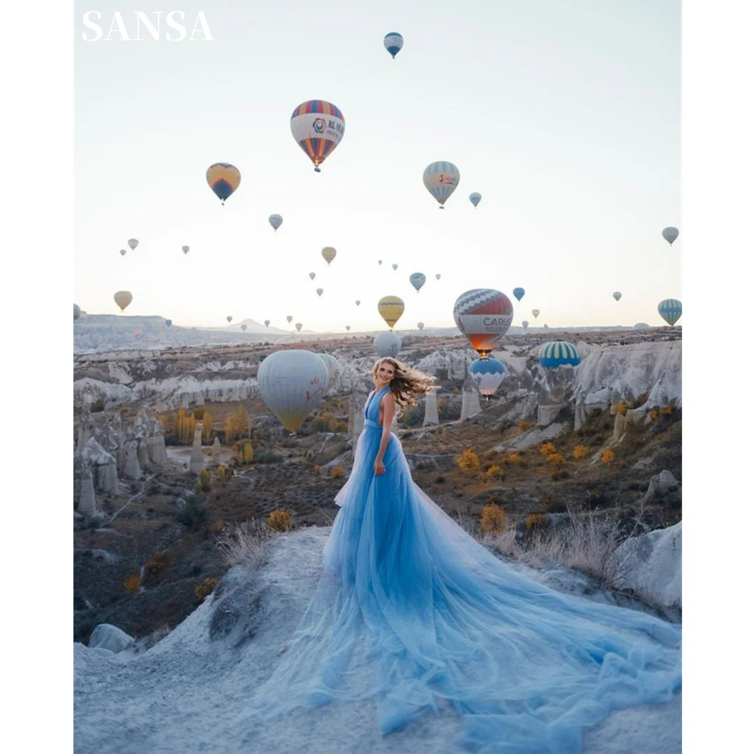 Sansa Flying Dress Vestidos De Fiesta Sexy Open Back Prom Dress Long Tulle Sweep Train Evening Dresses فساتين سهرة