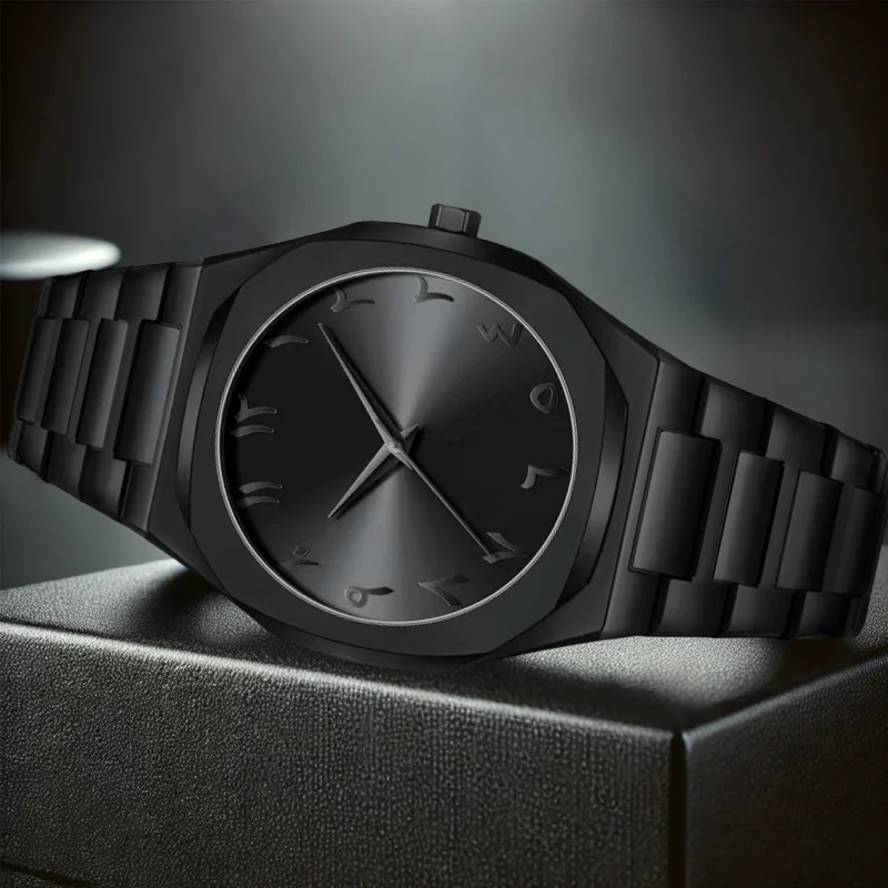 1 قطعة ساعة كوارتز بشريط أسود للرجال بتصميم بسيط ومتعددة الاستخدامات ومؤشر رقمي فريد من نوعه