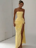 Women Solid Pleated Sexy Strapless Dress Lady Chic Off-shoulder Backless High Waist Split Dresses 2026 New Evening Party Gown - Image 2