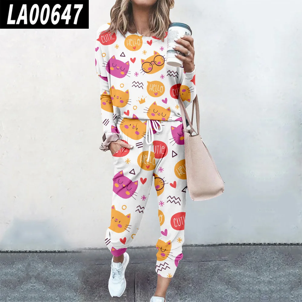 Women Cute Cat Print Pullover Two Piece Set Casual Long Sleeve Sweatshirts And Jogging Pants Suits Tracksuits