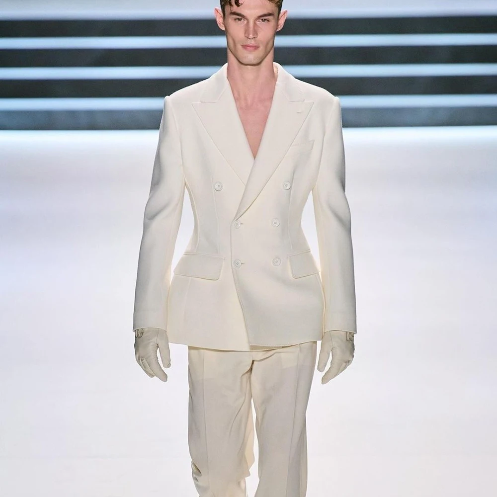 

Elegant Men's Fashion White Suits Double-Breasted 2 Piece Sets Peak Lapel Slim Casual Party Widding Male Clothing (Jacket+Pant)