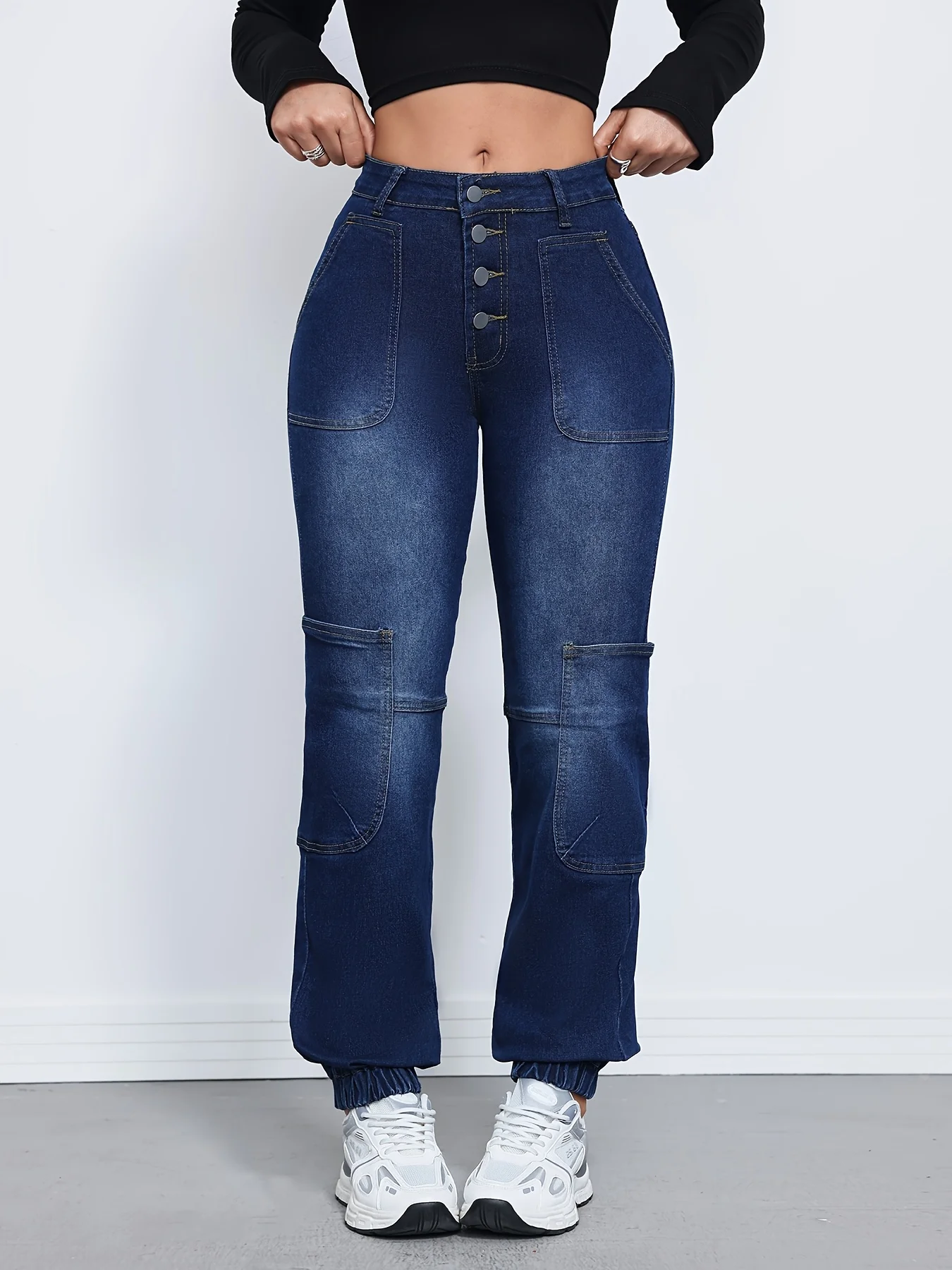 파란색 하이웨이스트 스트레이트 레그 진, 포켓 포함, 루즈핏, 신축성 있는 캐주얼 카고 팬츠 스타일, 여성용 청바지 및 의류