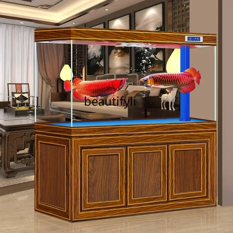 

cqyChinese light luxury fish tank aquarium new square bottom filter ultra-white glass living room large