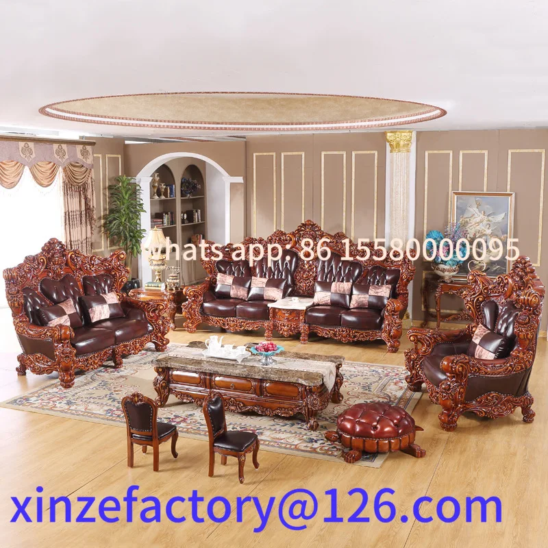 

Customizable European leather sofa 124 combination solid wood carving flower