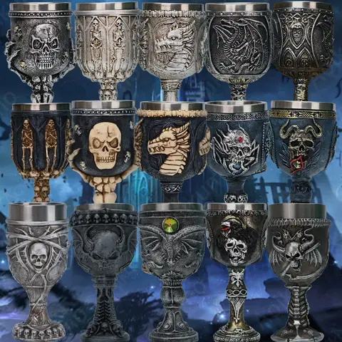 Medieval Goblet Dragon Chalice Silver Skulls Bones Fantasy Dragon Blood Wine Goblet Stainless Steel Halloween Coffee Beer Cup