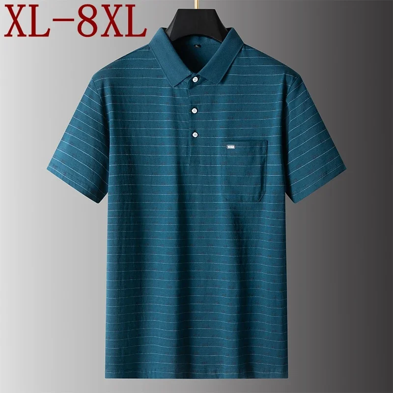 8XL 7XL 6XL 2024 New Summer 100% Cotton Breathable Short Sleeve Striped T-shirt Mens High End Brand Polo Shirt Casual Men's Wear