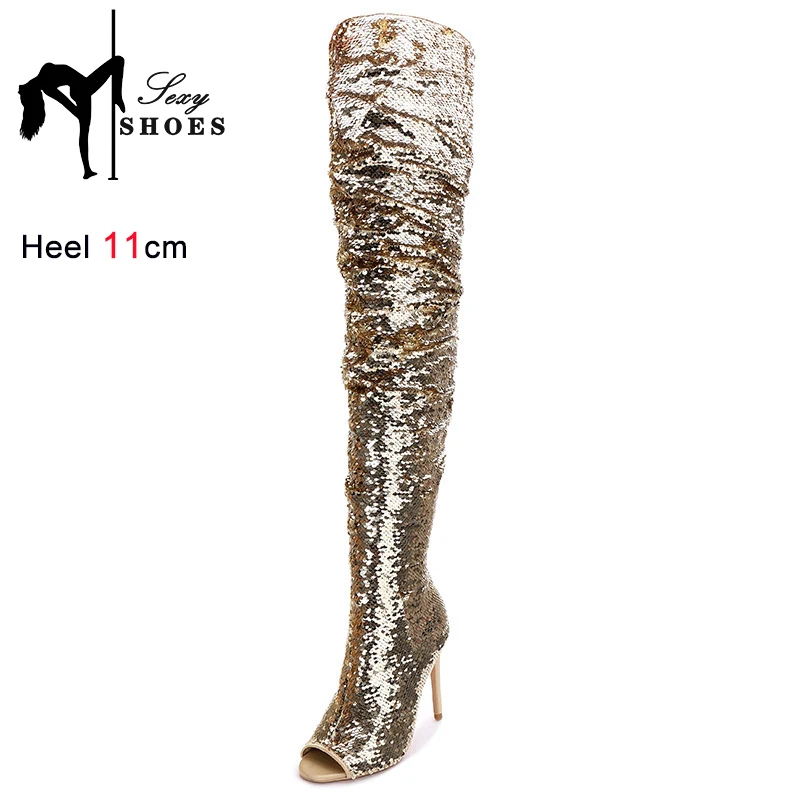 Fashion Wrinkle Women Long Boots Blue Sequined High Heels 11CM Nightclub Queen Peep Toe Shoes Shiny Over The Knee Boots Female