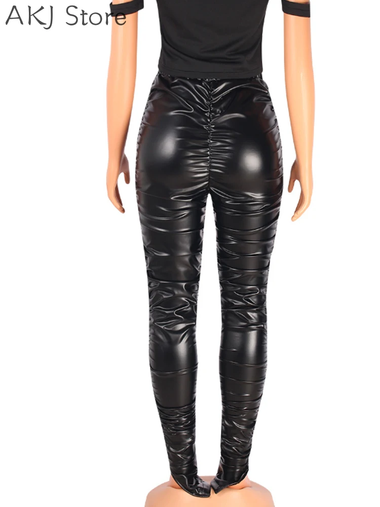 Damskie spodnie z elastyczną talią, modne, marszczone spodnie z PU