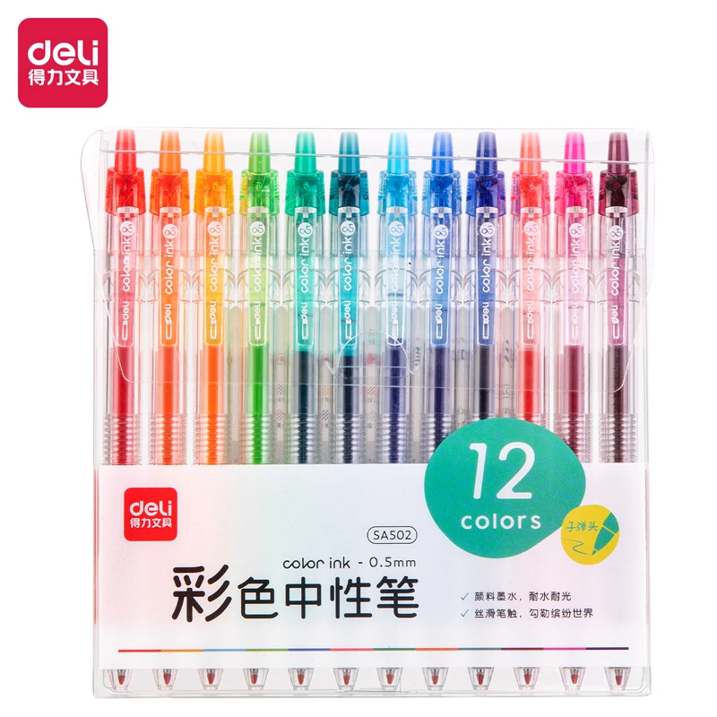 

12pcs/Box Deli Color Gel Pen 0.5mm Ins Korean Fresh Color Student Notebook Signature Pen For Office And Learning Supplies