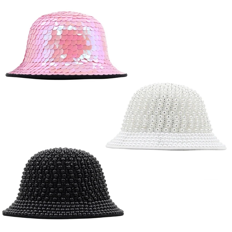 

Full Diamond/Sequins Eye-catching Fedoras Bucket Hat Bling Rhinestone Panama Spring Summer Men Wide Brim Felt Stage Hat