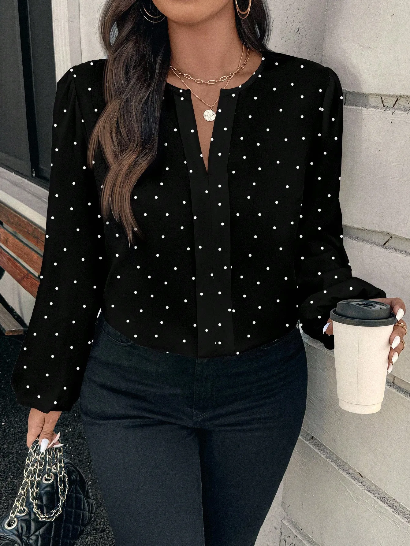 

Black Polka Dot Long Sleeve Blouse with V-Neck and Puff Sleeves for Women, Elegant Office & Casual Wear
