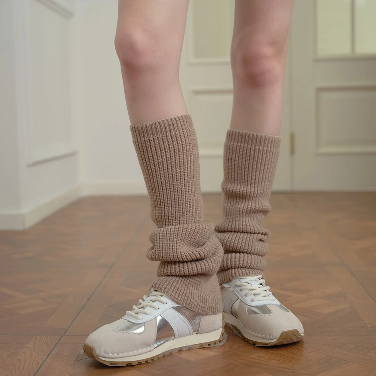 Scaldamuscoli a tubo alto in maglia solida da donna, stile designer, yoga, fitness, allenamento, calzini slouch, outfit invernale