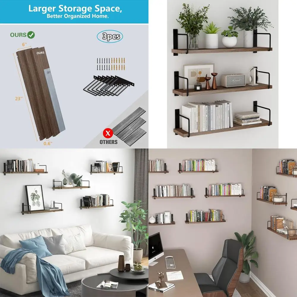 

Set of 3, 24 Rustic Brown Wooden Floating Shelves for Wall Decoration and Living Room Storage