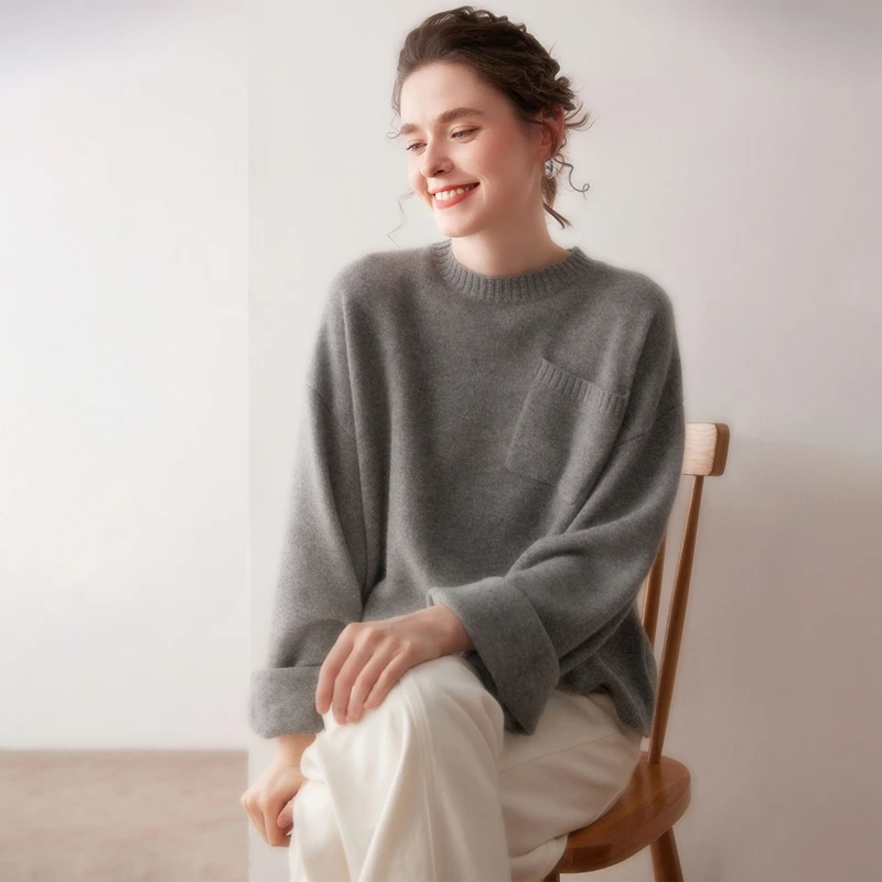 

High-End 100%Pure Goat Cashmere Sweater Ladies' O-Neck Loose Large Size Blouse Fashion Thicken Diagonal Pocket Cashmere knitwear