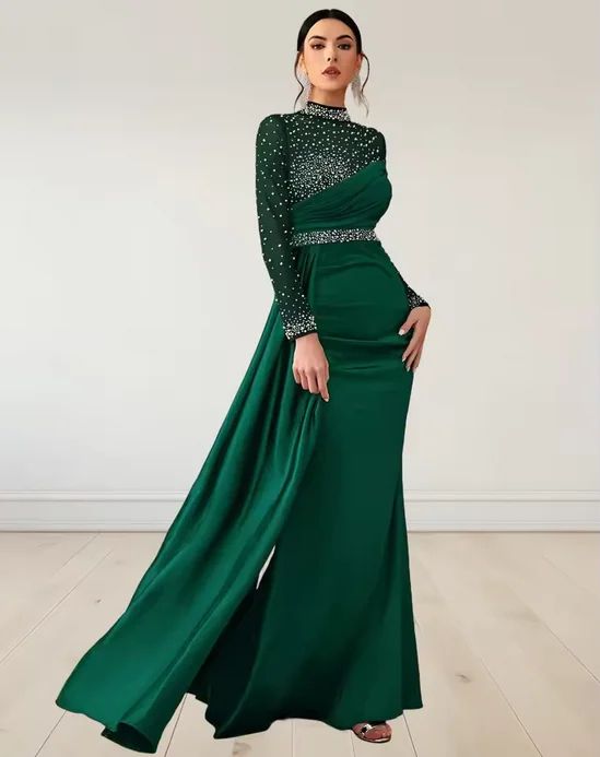 

Mermaid Formal Evening Floor Length Long Sleeve High Neck Vintage Elegant Mother Of the Bride Dress Satin with Beading 2026