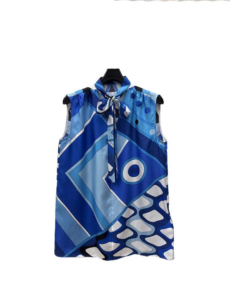 Summer Fashion Outdoors Geometric Pattern Print Loose Casual Blouses Women's Bow Tie Sleeveless Straight Barrel Pullover Shirt
