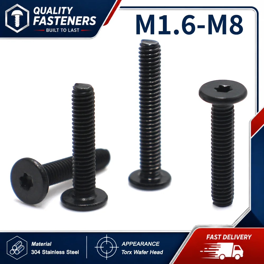 10pcs CM Black 304 Stainless Steel M1.6 M2 M2.5 M3 M4 M5 M6 M8 Torx Six-Lobe Ultra Thin Super Low Flat Wafer Head Screw Bolt