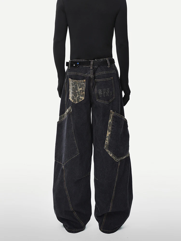 

American Retro Bla Leopard Print Patchwork Men's Loose Straight Leg Jeans Casual Comfortable Cotton Polyester Blend