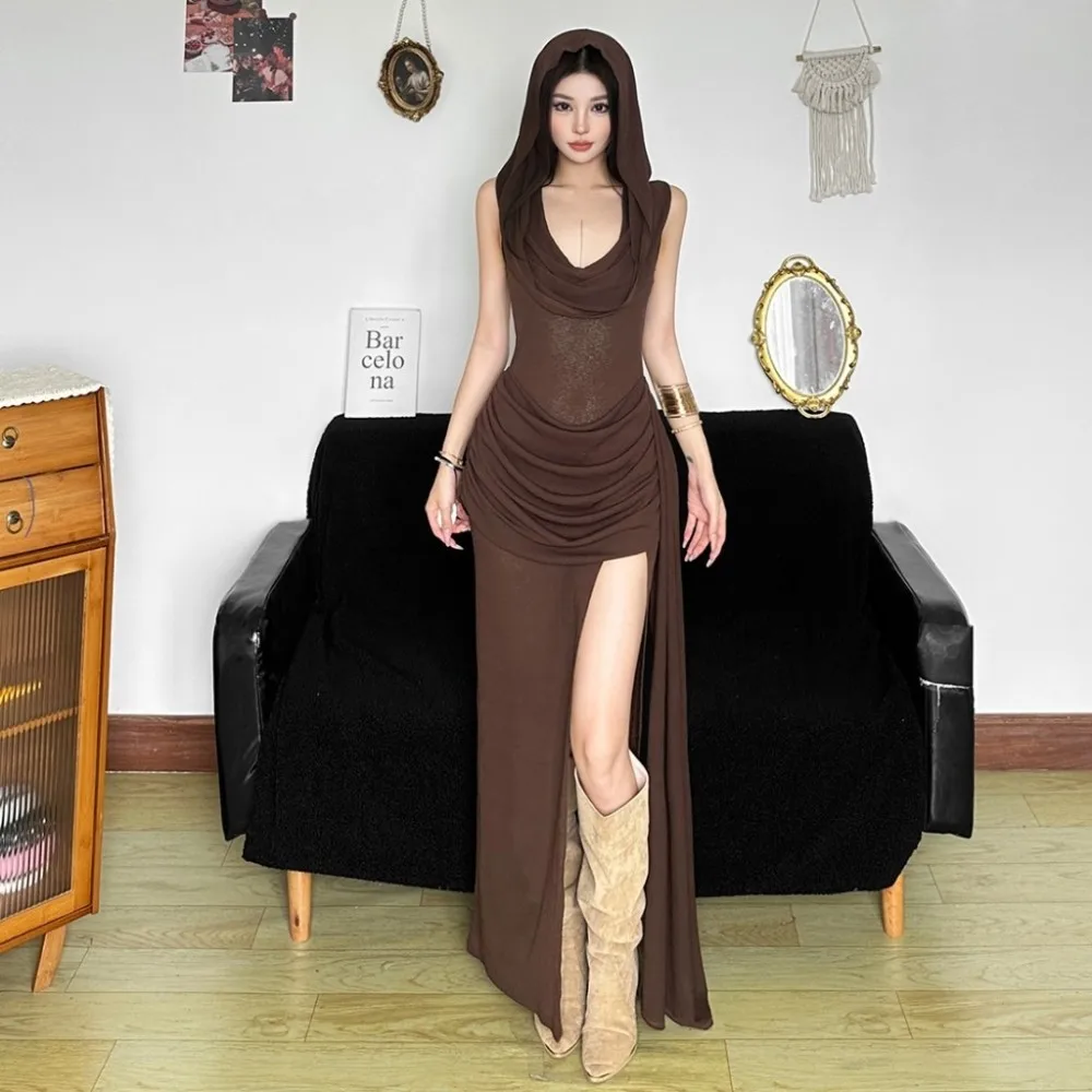 SylCue เซ็กซี่แฟชั่นแยกตาข่าย Patchwork Hooded ชุดผู้หญิงดูผ่าน Ruched Slim อเมริกันสไตล์วินเทจ Elegant ยาว Bodycon