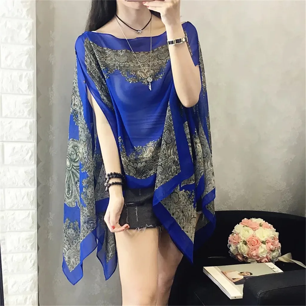 Shawl Fashion Women Beach Dress Batik Size Plus Sun Casual Long Sleeve Grimo Baju Cantik chiffon Silk Women Blouses & Shirts