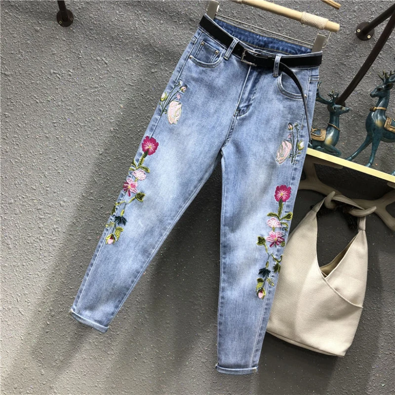 Jeans feminino, bordado de cintura alta, calça jeans harém casual, calça senhora vaqueiro, moda feminina, outono, nova, 2024