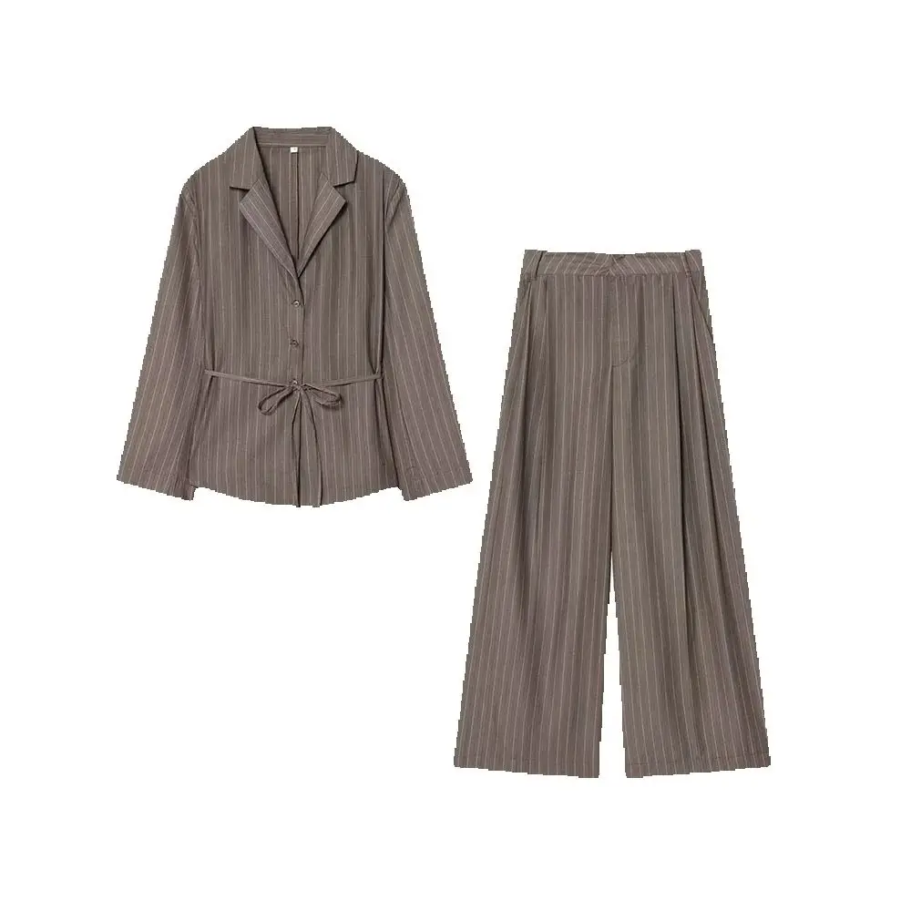 

Autumn new women's striped belt with shoulder pads thin waistband suit jacket and flip cover double pleated pants