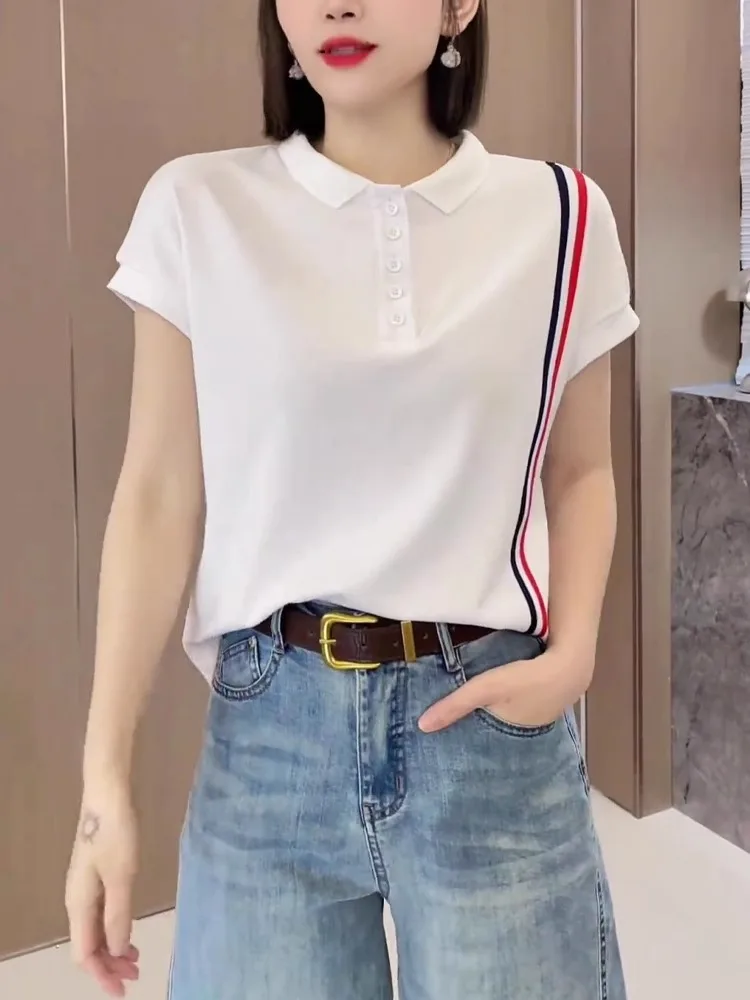 

Casual White Neck Short Sleeve Women's Top Summer High-End Brand Simple Match All Seasons T-shirt Commuting Elegant Style