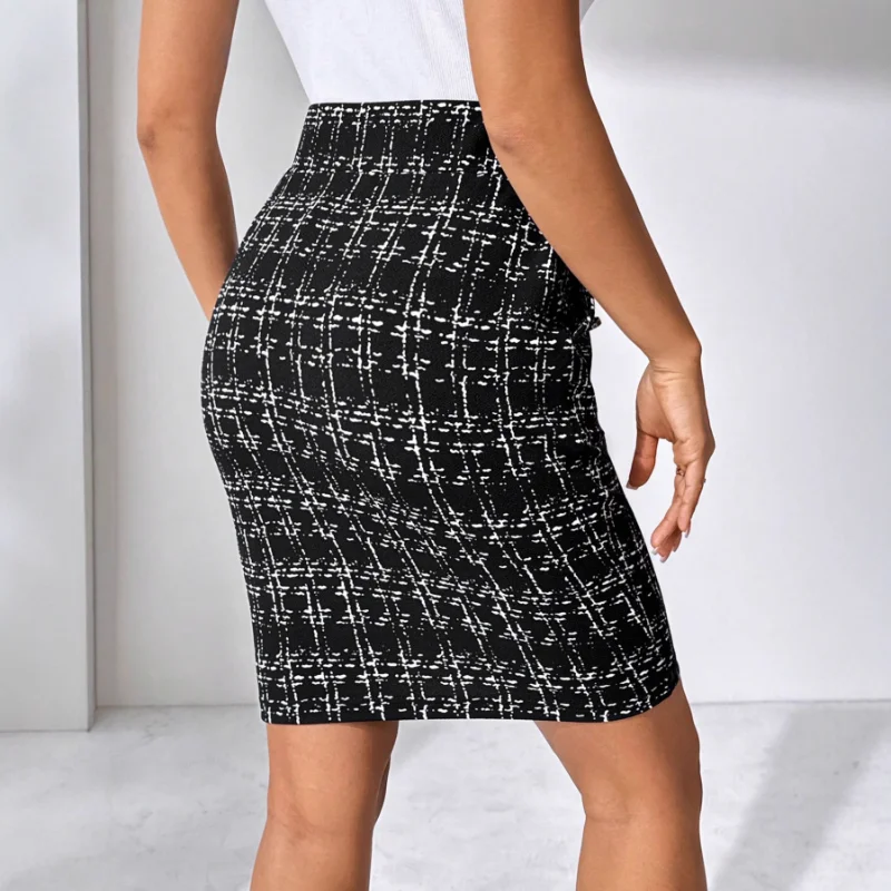 Women's Fashion Plaid Elegant Pocket Metal Buckle Skirt Elastic Waist Skirt
