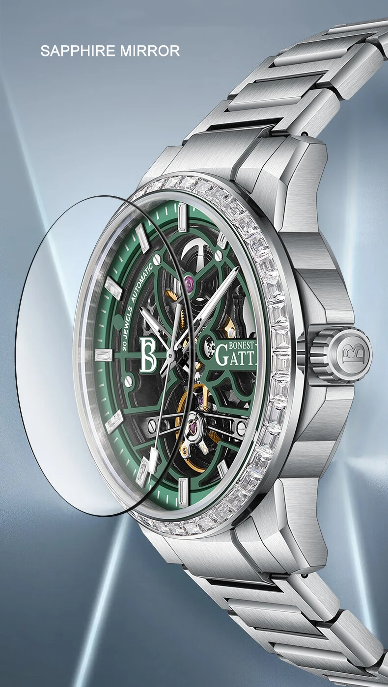 BONEST GATTI ساعة أوتوماتيكية للرجال 42 ملم ساعة يد ميكانيكية ياقوت زجاجي هيكل عظمي قرص كريستال مضيء