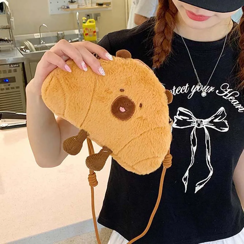 

Cute Bread Capybara Shoulder Bag Large Capacity Lightweight Plush Croissant Crossbody Bag Soft Furry Creative Cartoon Pouch