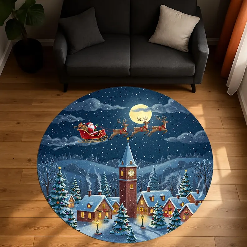 Merry Christmas Round Doormat, Santa Sleigh & Reindeer Moonlit Sky Rug,Cozy Winter Village Carpet for Festive Holiday Home Decor