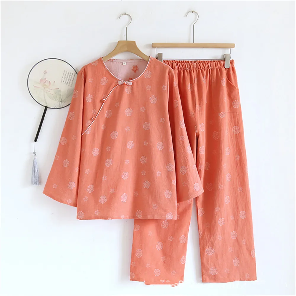 Summer Women's Pajama Set Cotton Ancient Style Long Sleeve Pullover Pants Round Neck Home Clothes